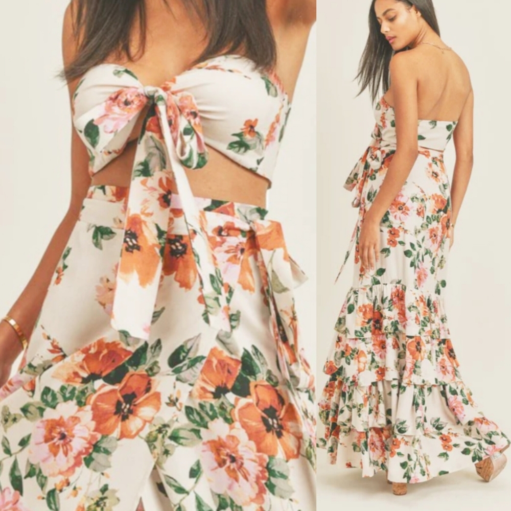 . Multicolor Floral 2 Piece Tie Sleeveless Crop Top & High Waist Maxi Skirt Set - Picture 5 of 9